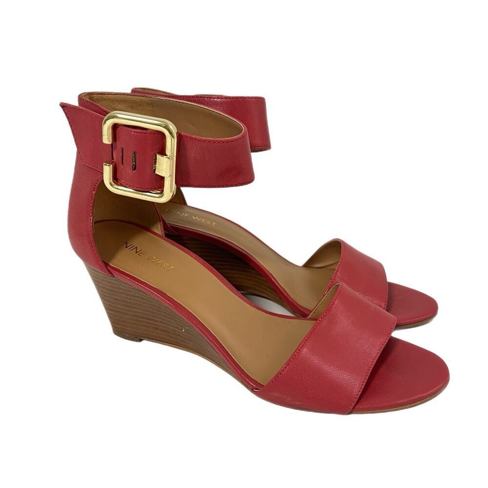 Nine West Sandals Women US 9 Orange Narcissus Leather Wedge Ankle Buckle